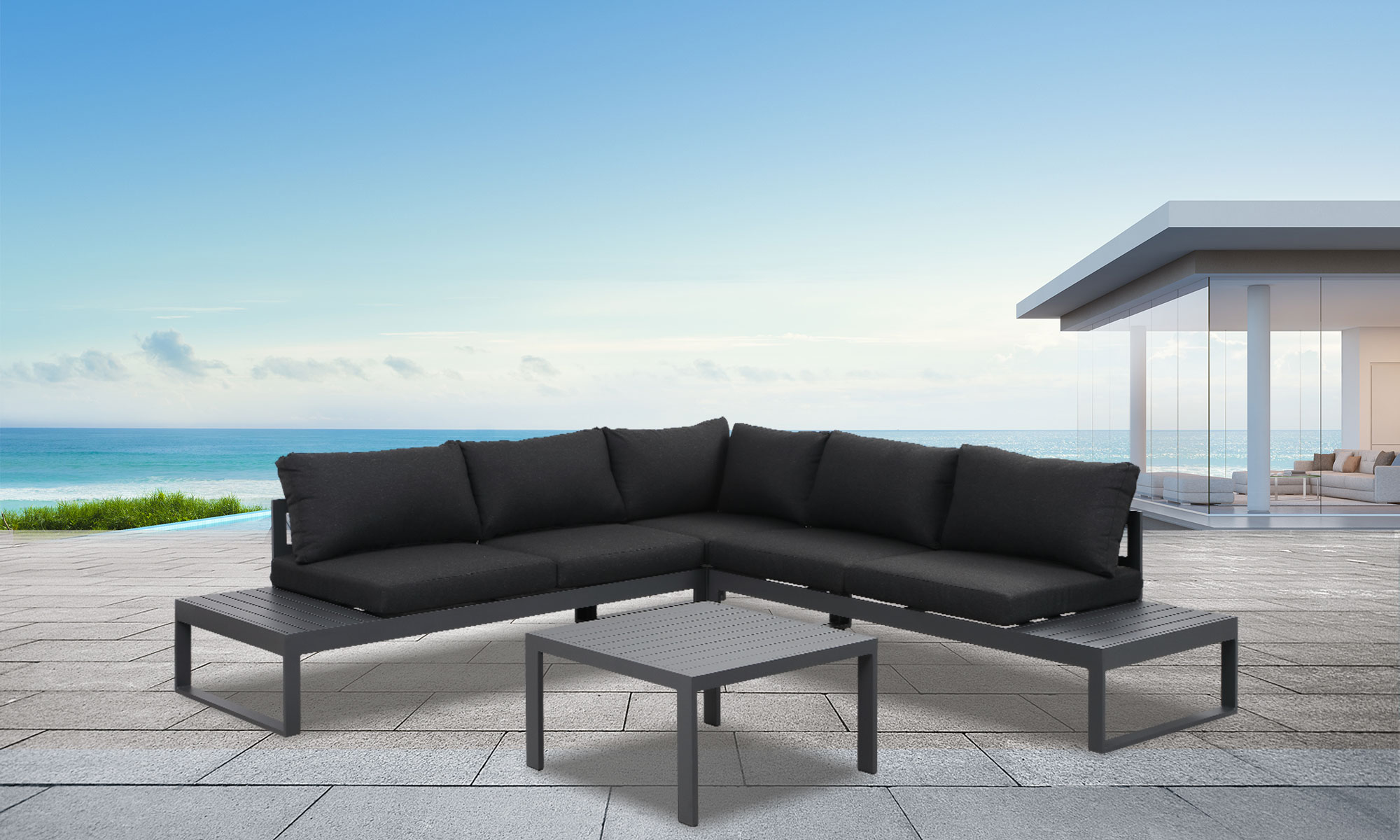 Hampton Charcoal Aluminium Sofa Lounge Set Dark Grey Cushion Moda